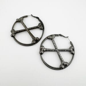 Gothic Crossbone Hoop Earrings Large Hoops Dark Gunmetal Statement Jewelry